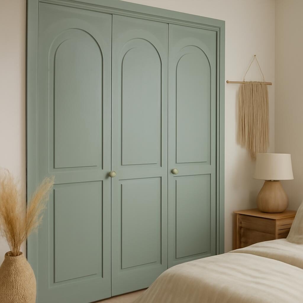 Porte de placard peinte en motif arche dans une chambre bohème