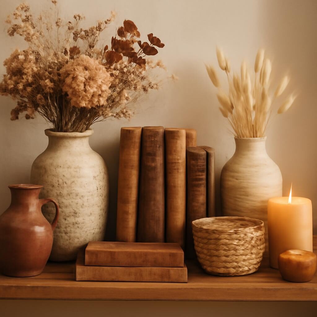 Étagère bohème avec vases céramique et fleurs séchées