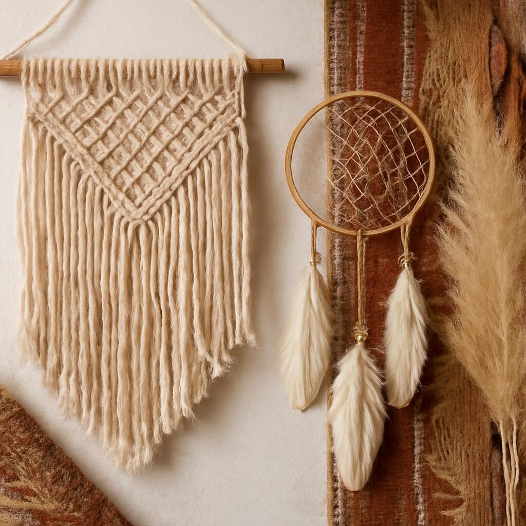 Décoration murale macramé et attrape-rêves artisanal avec herbes de la pampa et tissus ethniques