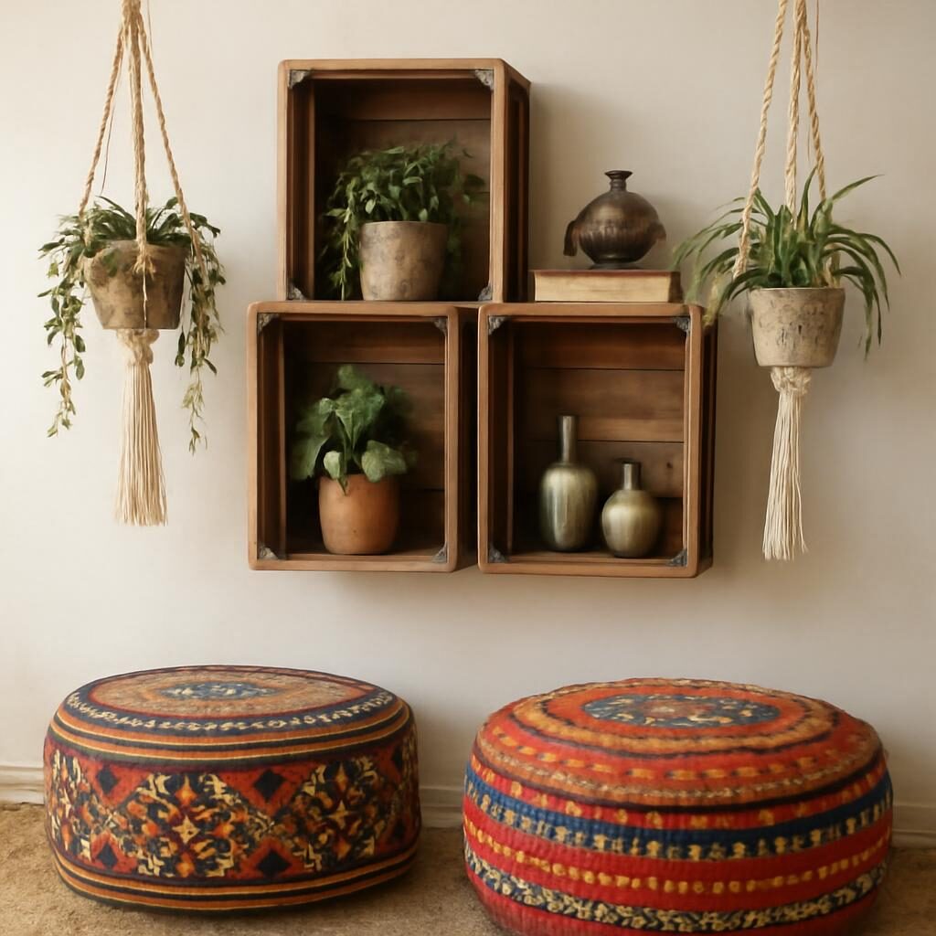 Étagères en caisses bois récupérées avec plantes en cache-pot macramé et coussins ethniques colorés