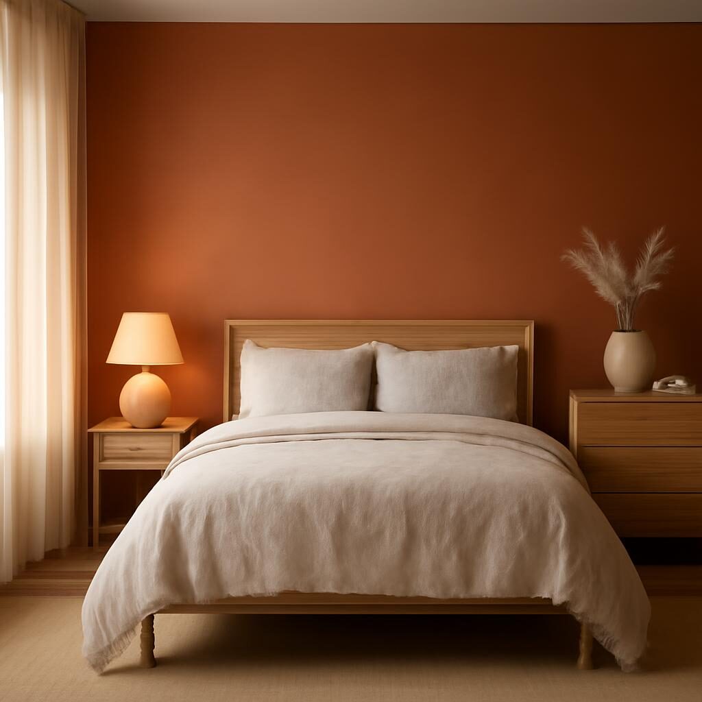 Chambre terracotta accent mur bois naturel