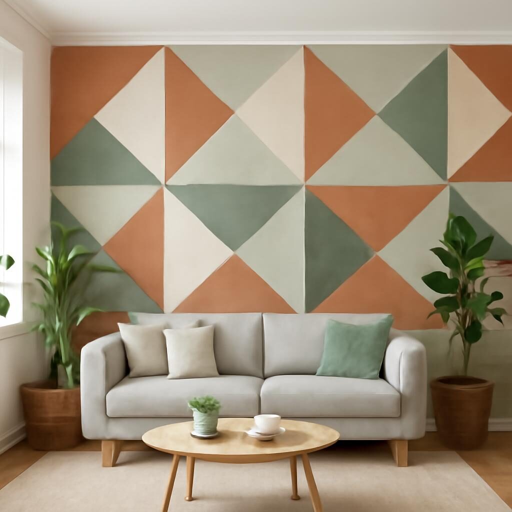 Mur graphique avec motif triangles terracotta et vert sauge peints dans un salon moderne