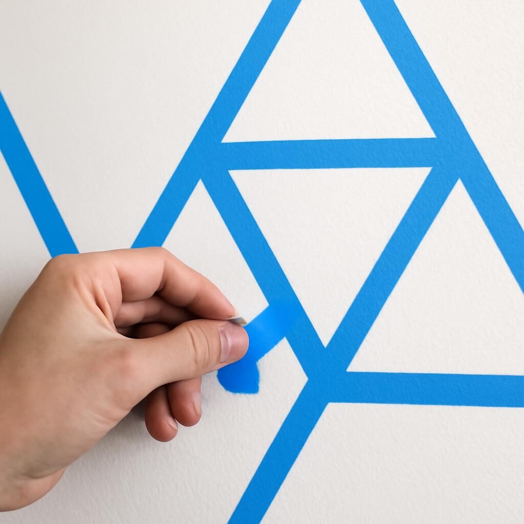 Pose du masking tape pour créer des triangles géométriques sur un mur blanc DIY