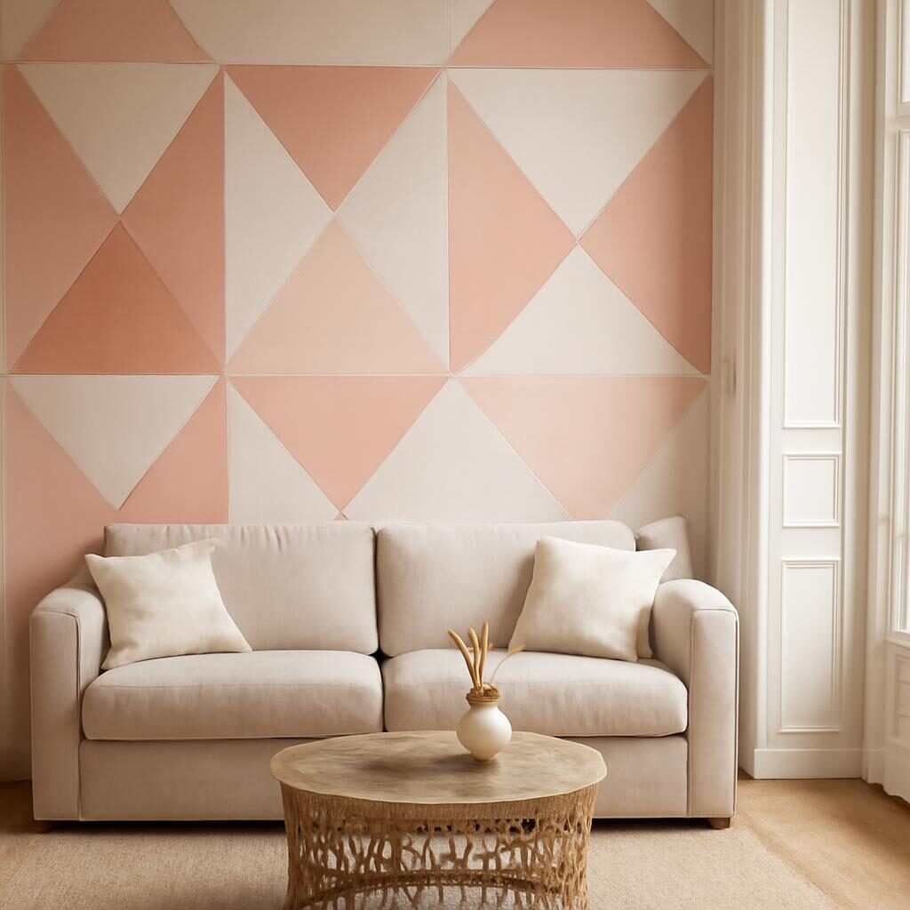 Mur graphique triangles pastel corail et blanc avec canapé en lin et table basse rotin